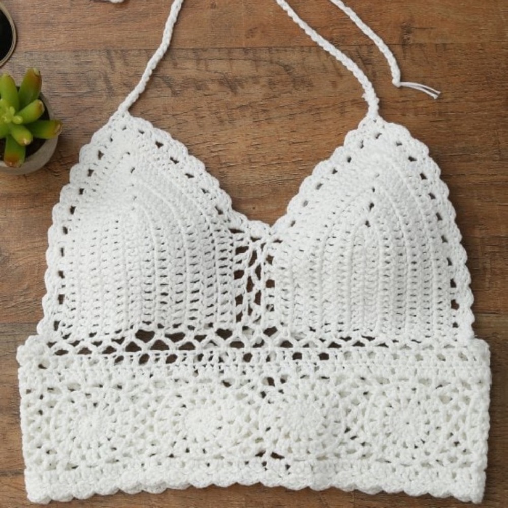 white crotchet swimsuit top